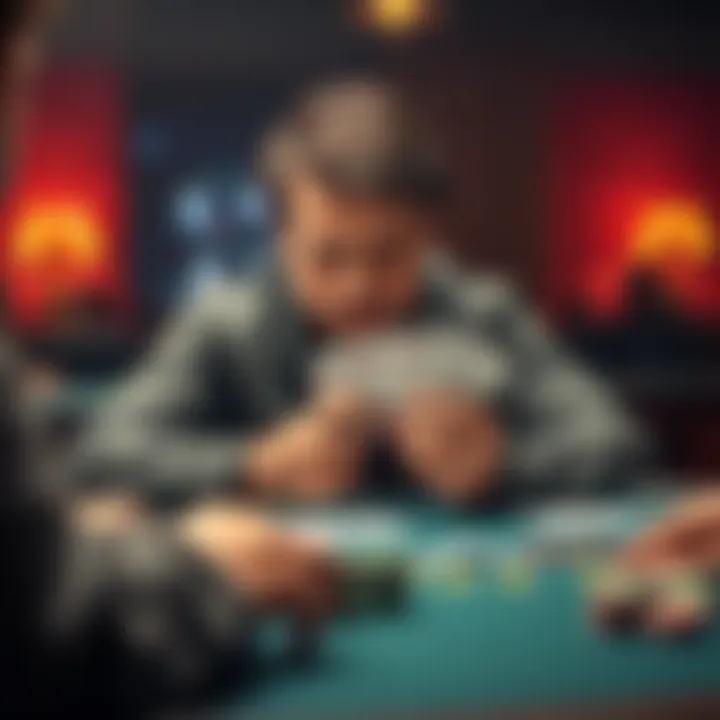 A focused player analyzing their cards at a poker table with chips in front of them, ready to make a move in a drawy flop situation.
