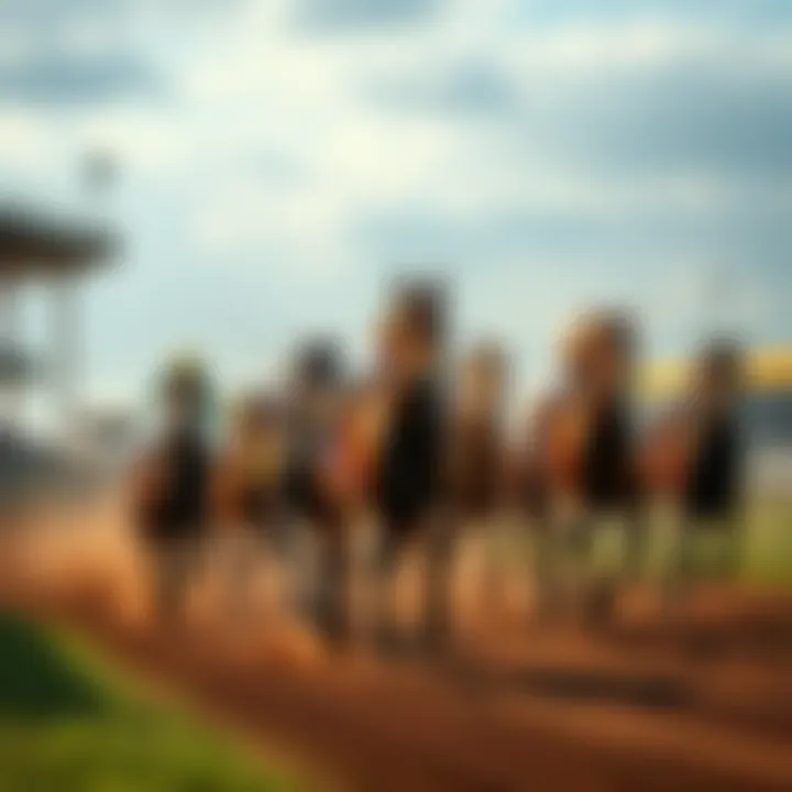 A group of horses racing on a track, showcasing the excitement of the Preakness event.