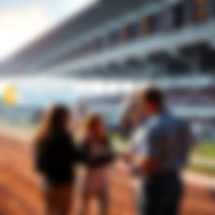 People discussing ticket options for Preakness Stakes 151 with a racetrack background