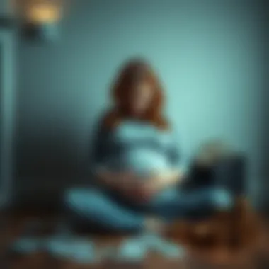 Pregnant woman looking sad A pregnant woman sits alone with her head in her hands, surrounded by bills and gambling tokens, reflecting on the struggles of addiction.