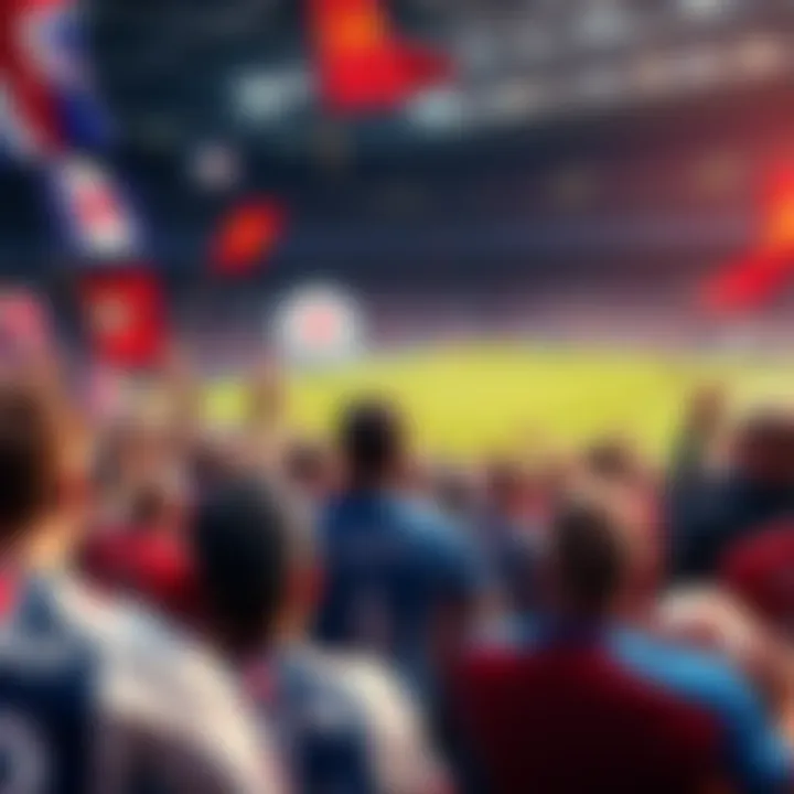 Fans watching a Premier League match with excitement, surrounded by team flags and jerseys