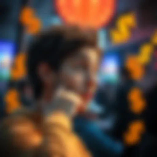 A person thinking about how to guess the price for a contest, with dollar signs around them