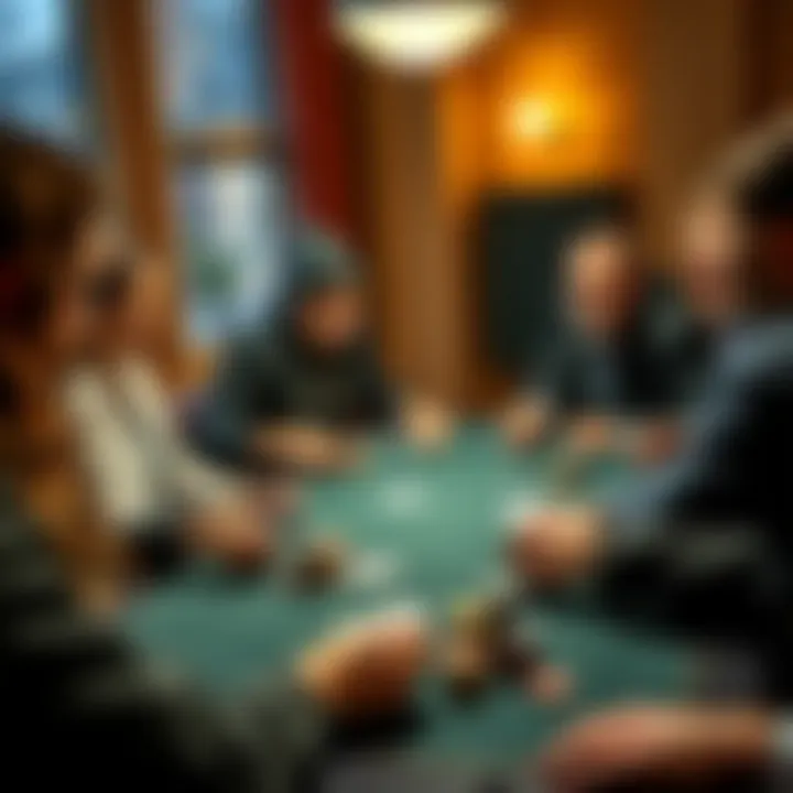 A group of people gathered around a table playing poker with cards and chips in a cozy setting