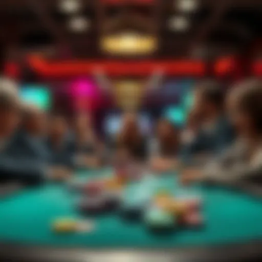 A group of people discussing costs in a private gaming venue, with poker chips and cards on the table