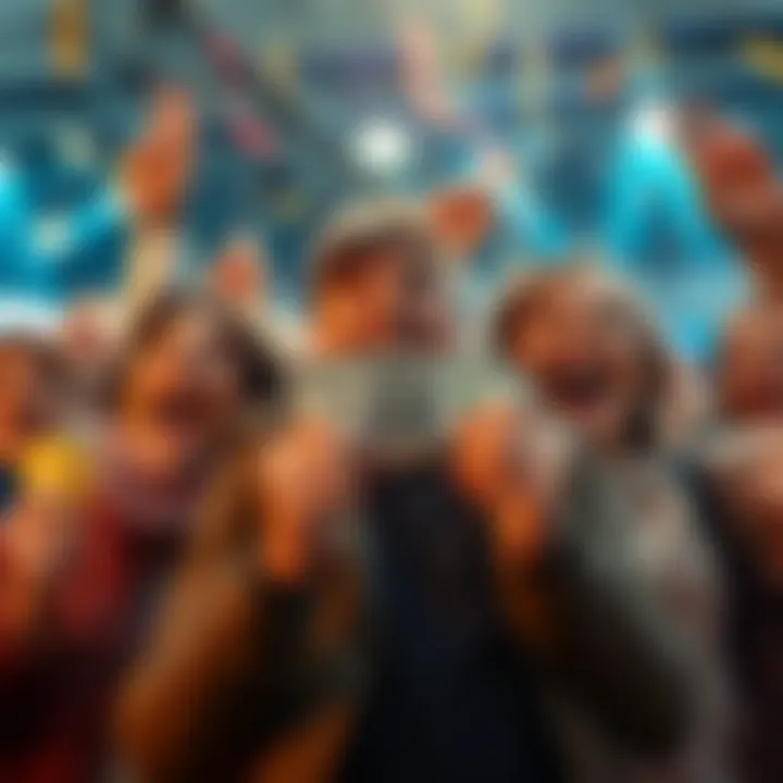 A group celebrating their prize increase from fifty to one thousand one hundred dollars, with excited faces and money in hand.