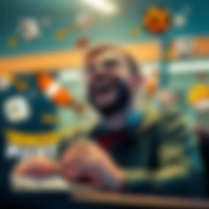 A playful depiction of a sports bettor laughing while using PrizePicks, surrounded by humorous sports graphics.