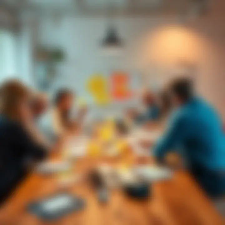 A group of diverse people brainstorming around a table with sticky notes and charts to solve urgent problems.