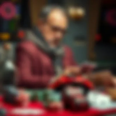 A former gambler reflecting on his experiences with gambling, surrounded by various gambling equipment, emphasizing his thoughts on poker as a consistent winning game.
