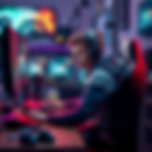 A gamer sitting at a desk with a gaming setup, considering a career in professional gaming, with a focused expression and gaming gear around.