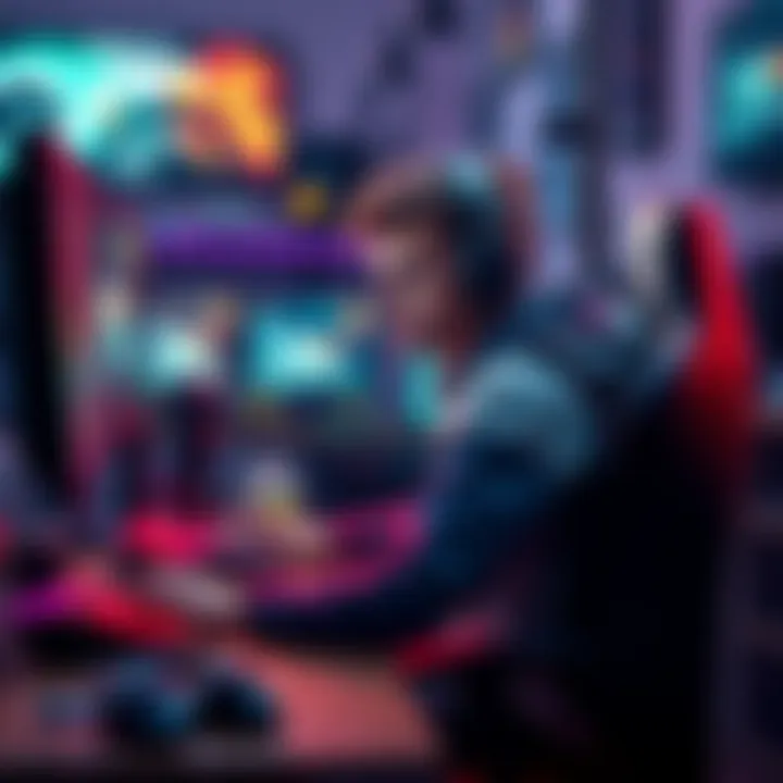 A gamer sitting at a desk with a gaming setup, considering a career in professional gaming, with a focused expression and gaming gear around.