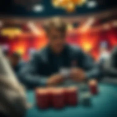 Professional poker player at a tournament A focused poker player sitting at a table during a tournament, analyzing their cards with a serious expression, surrounded by other players and chips.