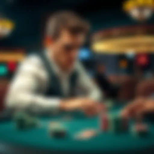 A focused poker player sitting at a table with cards and chips, engaged in a game.