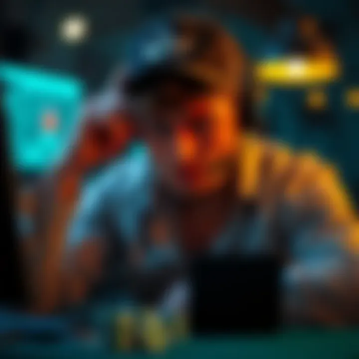 Professional poker player facing account issues A frustrated poker pro looks at a computer screen showing a locked account message, concerned about losing access to funds.