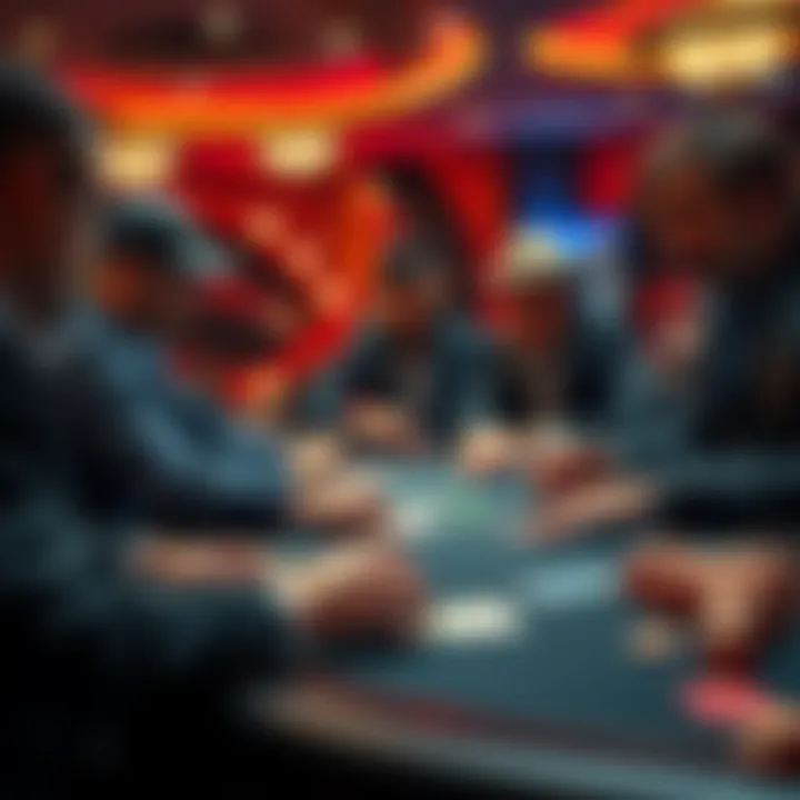 Professional Poker Players at a Table A group of professional poker players focused on their cards at a casino table, discussing strategies and analyzing their game.