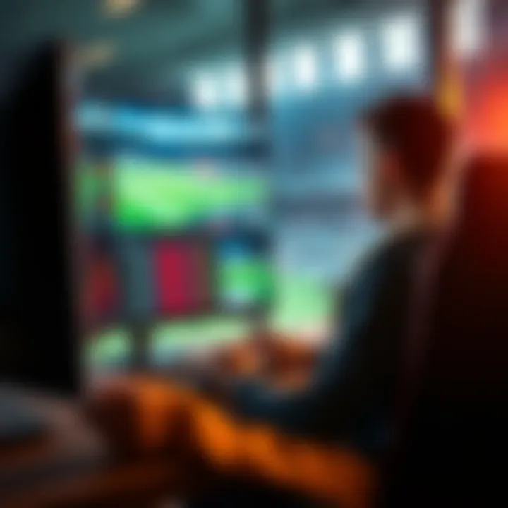 A person analyzing sports odds on a computer while looking at a football game on TV, representing the profit potential of sports betting.