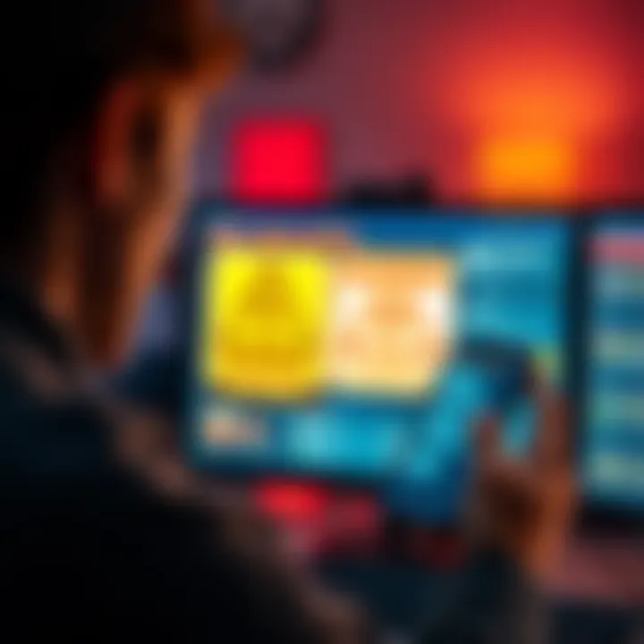 A person looking at a computer screen with warning signs about online casinos, while holding a phone with spam messages visible.