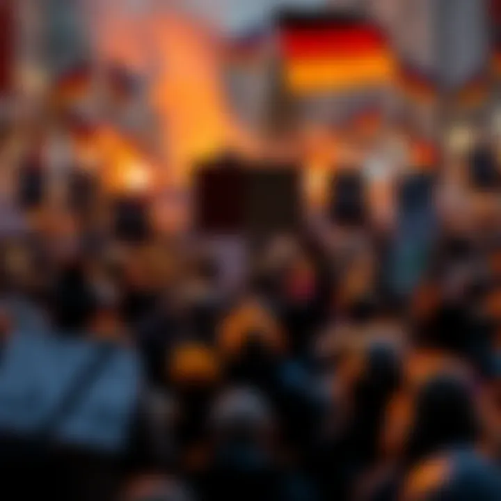 Crowd gathering with signs protesting against violent incidents in Germany