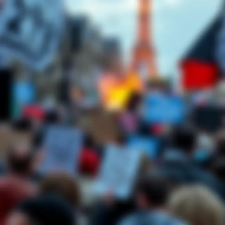 Crowd of people protesting in Paris with signs against government policies