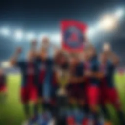 Players from PSG celebrating a victory on the field with a trophy