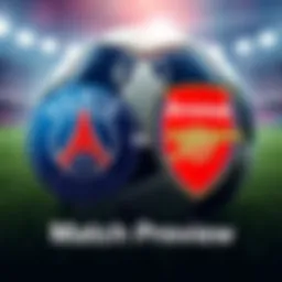 PSG vs Arsenal Match Preview An engaging graphic showing the logos of PSG and Arsenal with a soccer ball in the background, representing the upcoming match analysis.