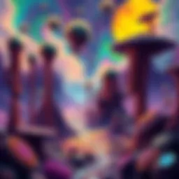 A vibrant, colorful scene depicting a surreal landscape filled with unusual shapes and patterns, representing a psychedelic experience.