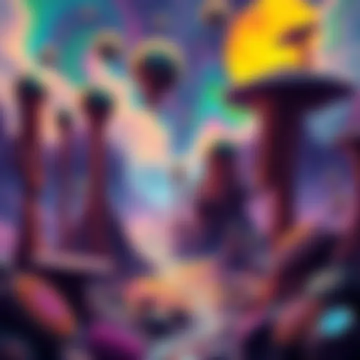 A vibrant, colorful scene depicting a surreal landscape filled with unusual shapes and patterns, representing a psychedelic experience.