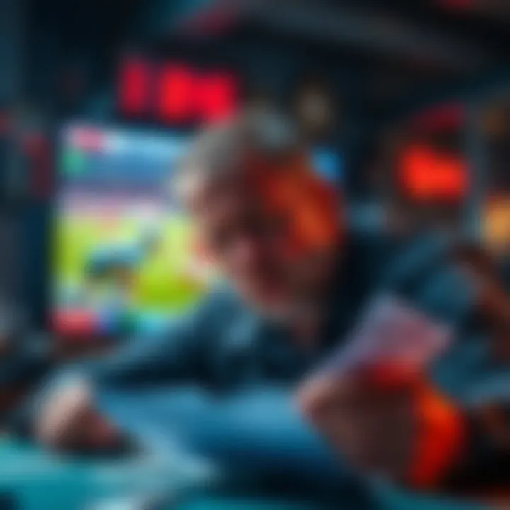 A frustrated person looking at betting slips with a sports event on TV in the background