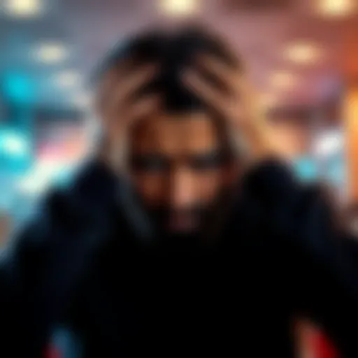 A Punjabi man looking distressed while holding his head in his hands, symbolizing his struggles after losing money in gambling.