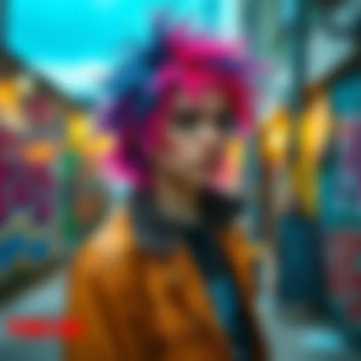 A punk individual with colorful hair stands confidently in an urban environment, surrounded by graffiti and street art, reflecting the challenges faced by those labeled as punks.