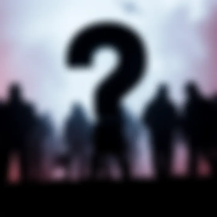 A large question mark silhouette with shadowy figures in the background, symbolizing unknown identity