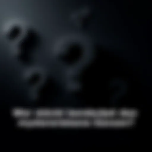 A dark background featuring large question marks, symbolizing uncertainty and curiosity. There are shadows suggesting hidden figures behind the questions.