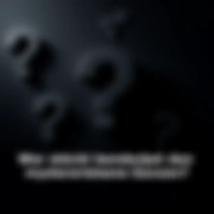 A dark background featuring large question marks, symbolizing uncertainty and curiosity. There are shadows suggesting hidden figures behind the questions.