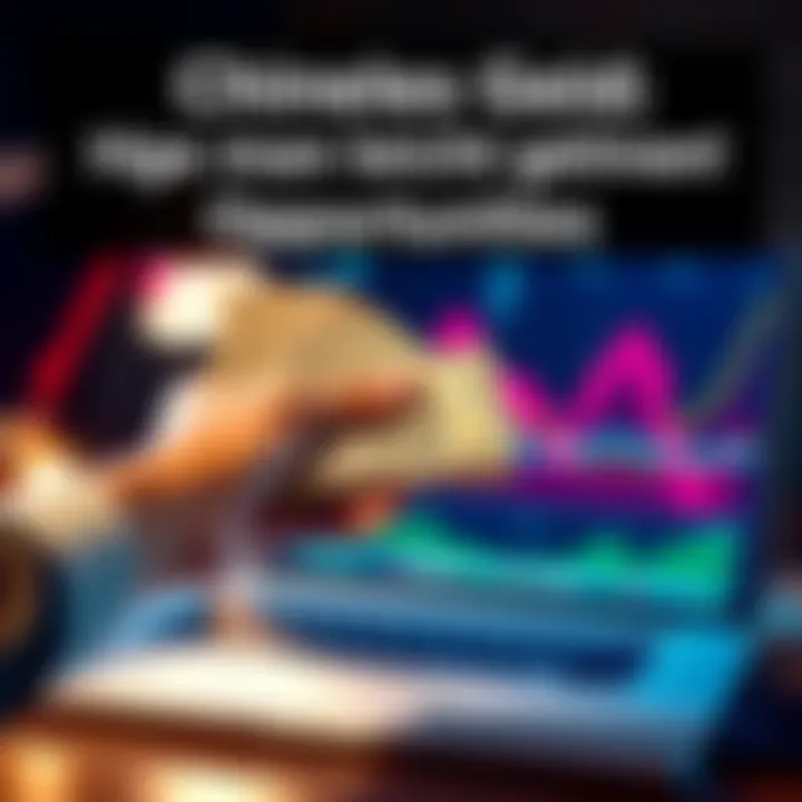 A person holding cash with a laptop and financial charts in the background, symbolizing easy money-making methods.