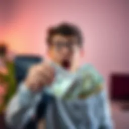A person holding cash with a surprised expression, showing a significant profit from a small investment.