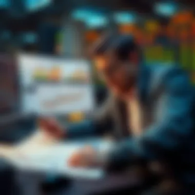 A person examining charts and financial documents, planning strategies for quick profits