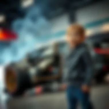 A surprised boy stands next to a shiny new race car engine, celebrating with family.