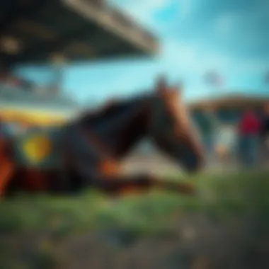 A racehorse resting on the track after winning a race at Laurel Park, with worried fans in the background.