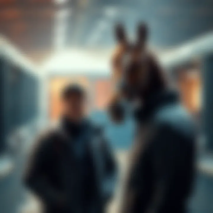 A person discussing racehorse investment with a stable owner in a horse barn, showcasing a racehorse in the background.