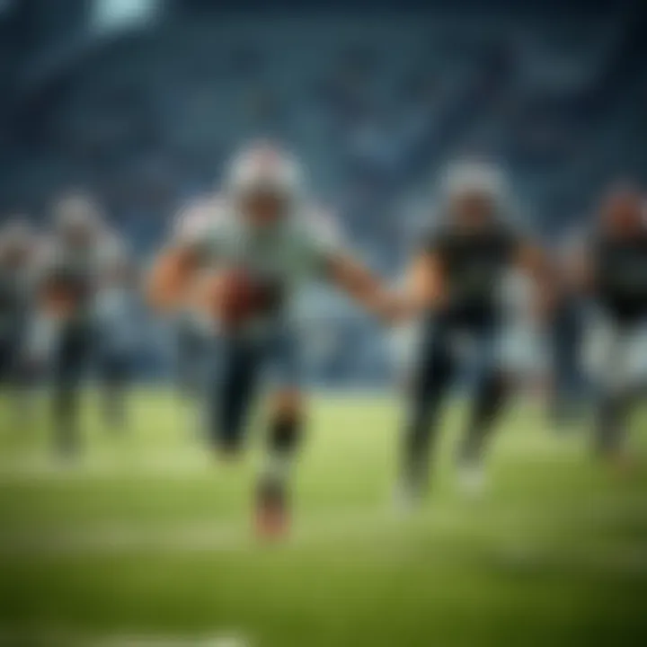 Raiders players running the ball during a game, with teammates blocking and the coach observing from the sidelines