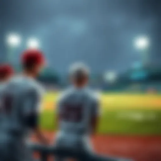 A baseball field with rain falling, showing players looking concerned about game status due to weather conditions.