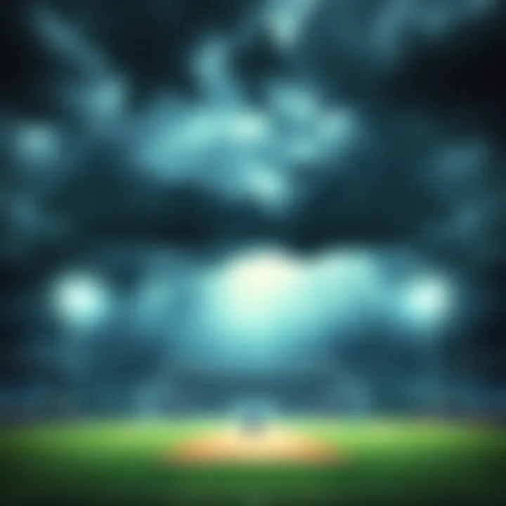 Rain Cloud Over Cricket Field A dark rain cloud looming over a cricket field with players preparing for wet conditions.