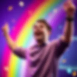 A joyful person celebrating a gaming win with five free spins and a rainbow background.
