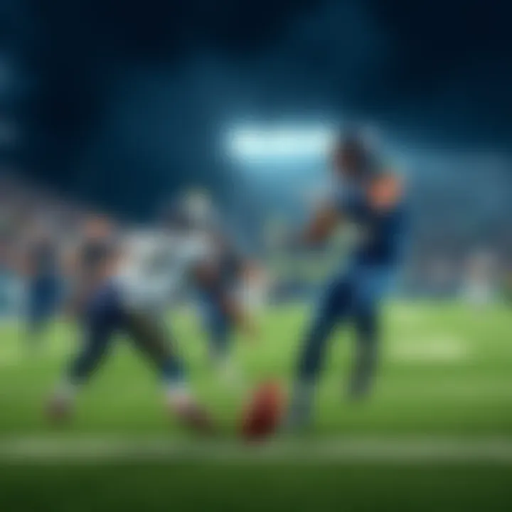 A football game scene showing Rams and Seahawks players on the field, highlighting the competition.