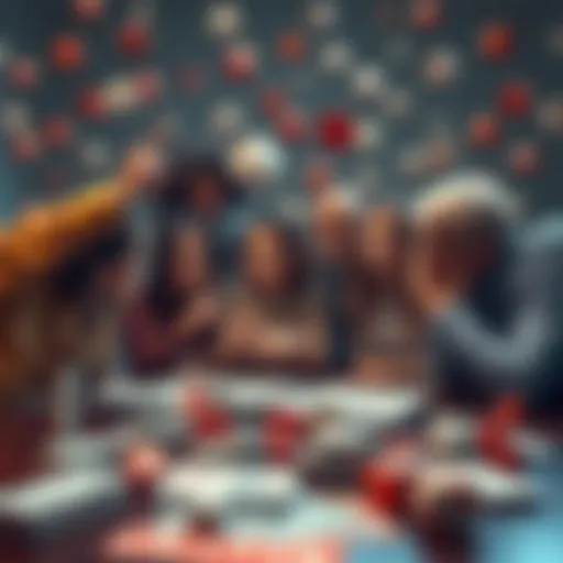 A group of diverse people making decisions together, surrounded by various chance-related items like dice and cards.