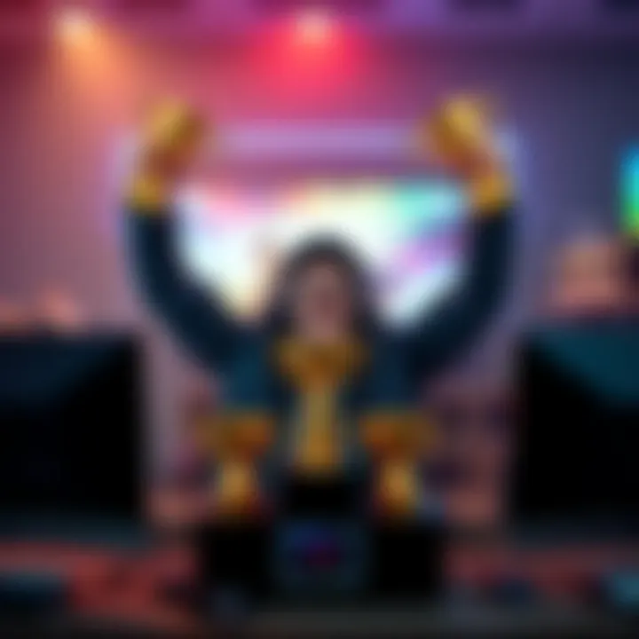 A visual of a streamer celebrating with trophies representing ranking bonuses and payouts, surrounded by gaming equipment.