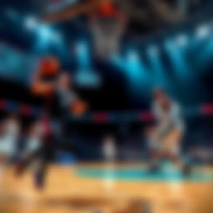 A basketball game between the Raptors and Hornets with players in action on the court