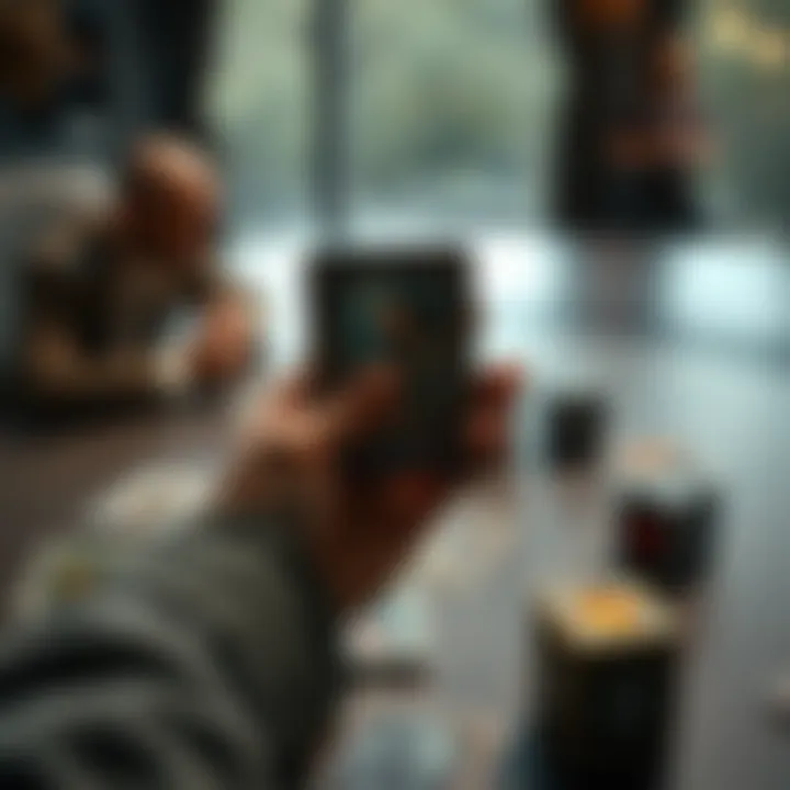 A player excitedly holds a rare game card, surrounded by other cards on a table