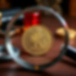 Close-up of a rare $1906 Royal coin on a wooden table with a magnifying glass nearby