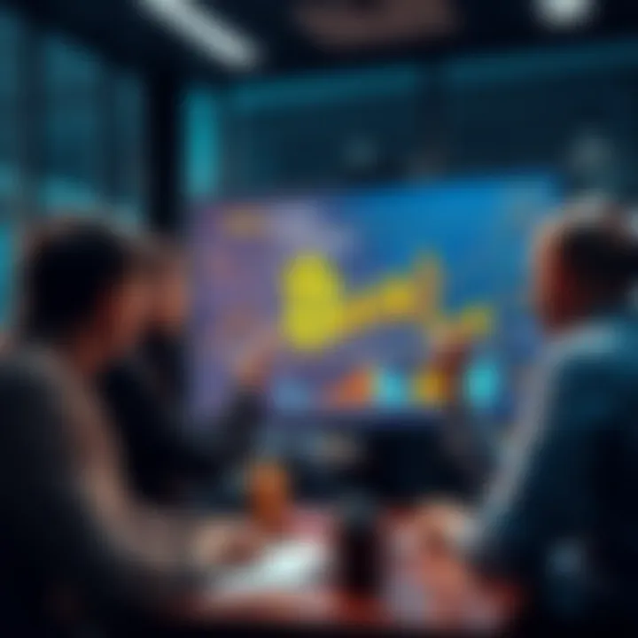 A group of people discussing the RBI-Tag's influence on the economy with charts and graphs on a screen.