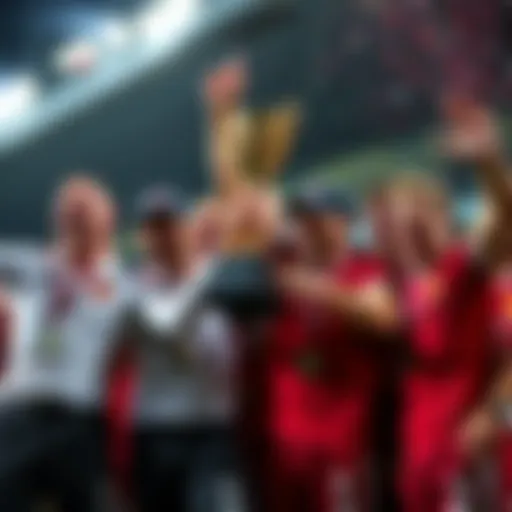 RC Lens players celebrating their Supercup win with a trophy, showing excitement and teamwork